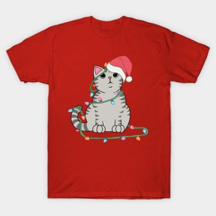 Gray Tabby Cat Christmas lights funny cat lover xmas hat T-Shirt